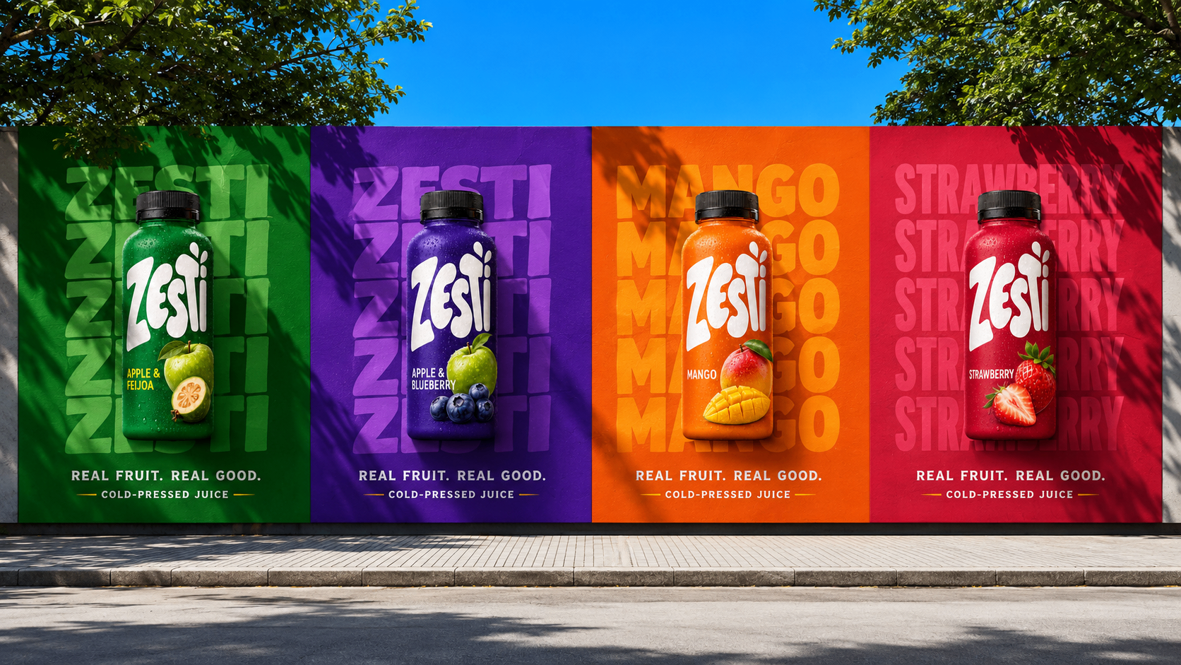 Variant-led outdoor rollout — flavour walls built as a modular series with repeated word shapes and strong bottle silhouettes.