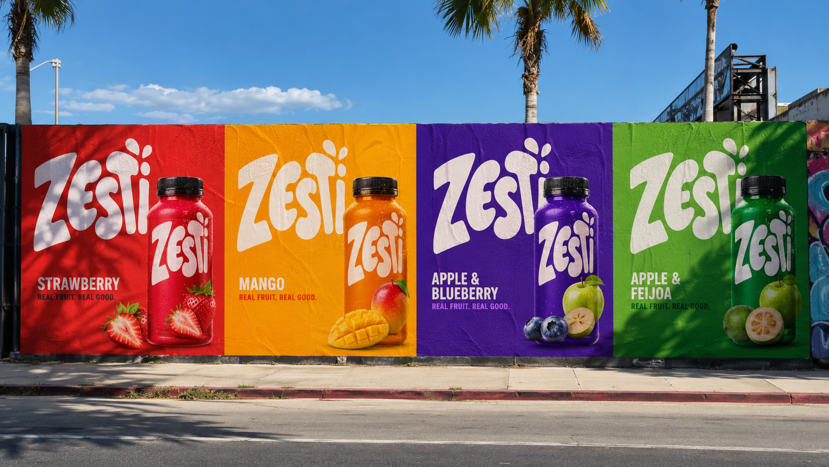 Expanded street-facing campaign showing the packaging hierarchy, master logo scale and flavour messaging in one clean system.