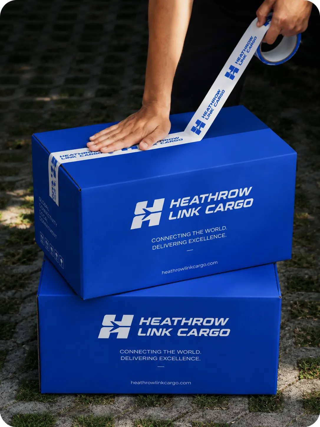 Branded packing tape and outdoor packaging application — heritage blue, white H-mark.