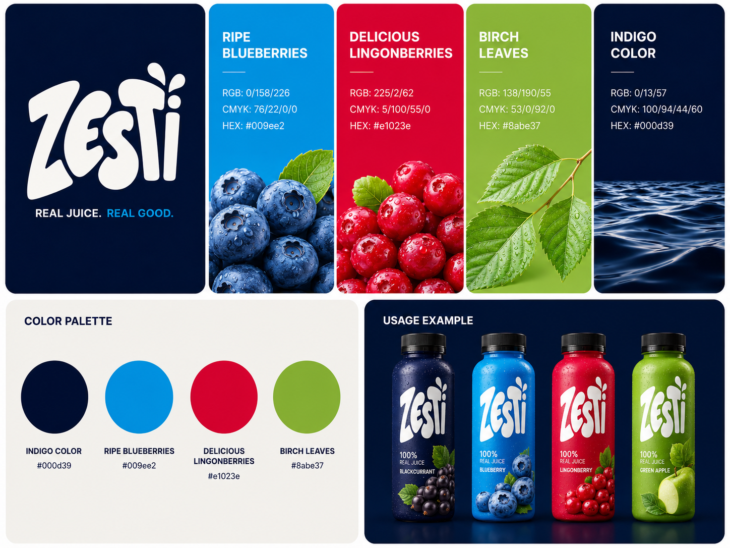 Full identity system — logotype, tagline lockup, colour palette (Indigo, Ripe Blueberries, Lingonberries, Birch Leaves) and packaging usage.