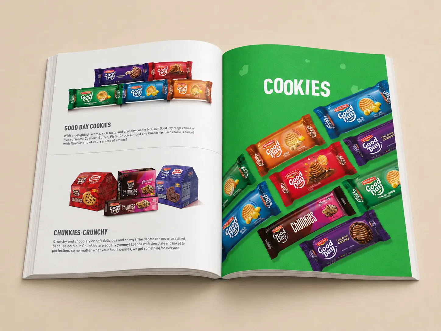 Good Day & Chunkies range — product copy on the left, hero green Cookies divider on the right.
