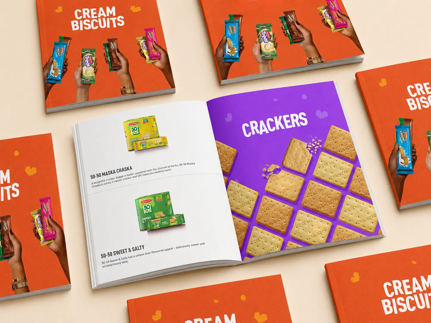 50-50 Maska Chaska & Sweet & Salty spread paired with the purple Crackers divider, framed by Cream Biscuits covers.