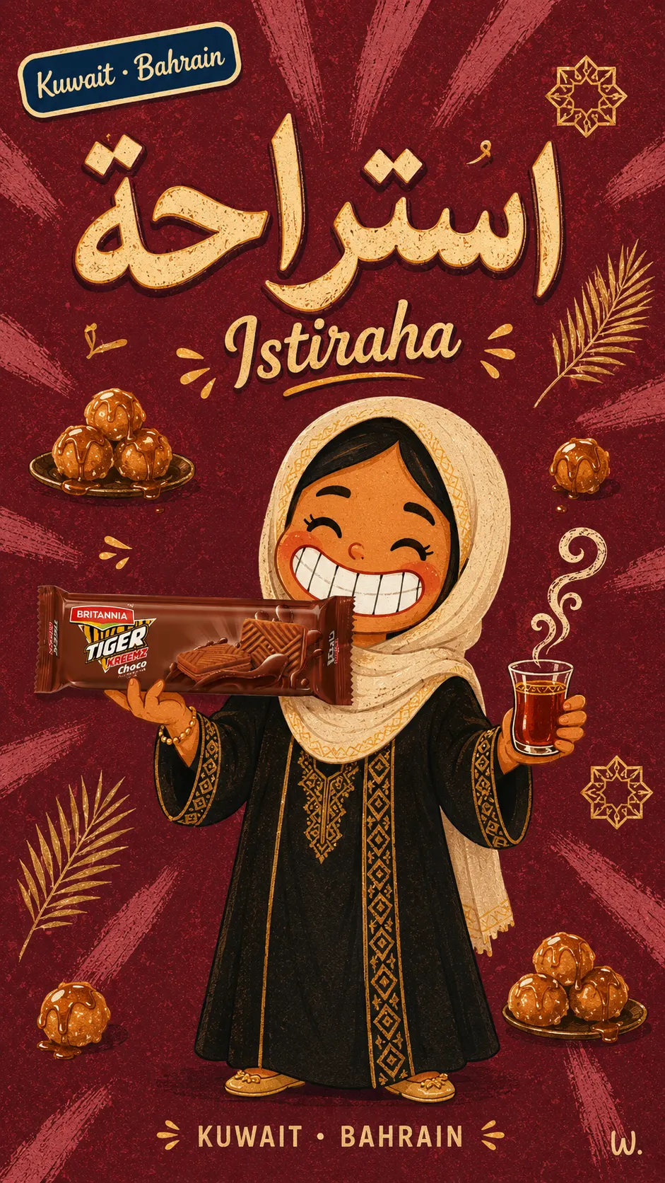 Istiraha — the rest. Tiger Kreemz Choco paired with karak and date sweets.