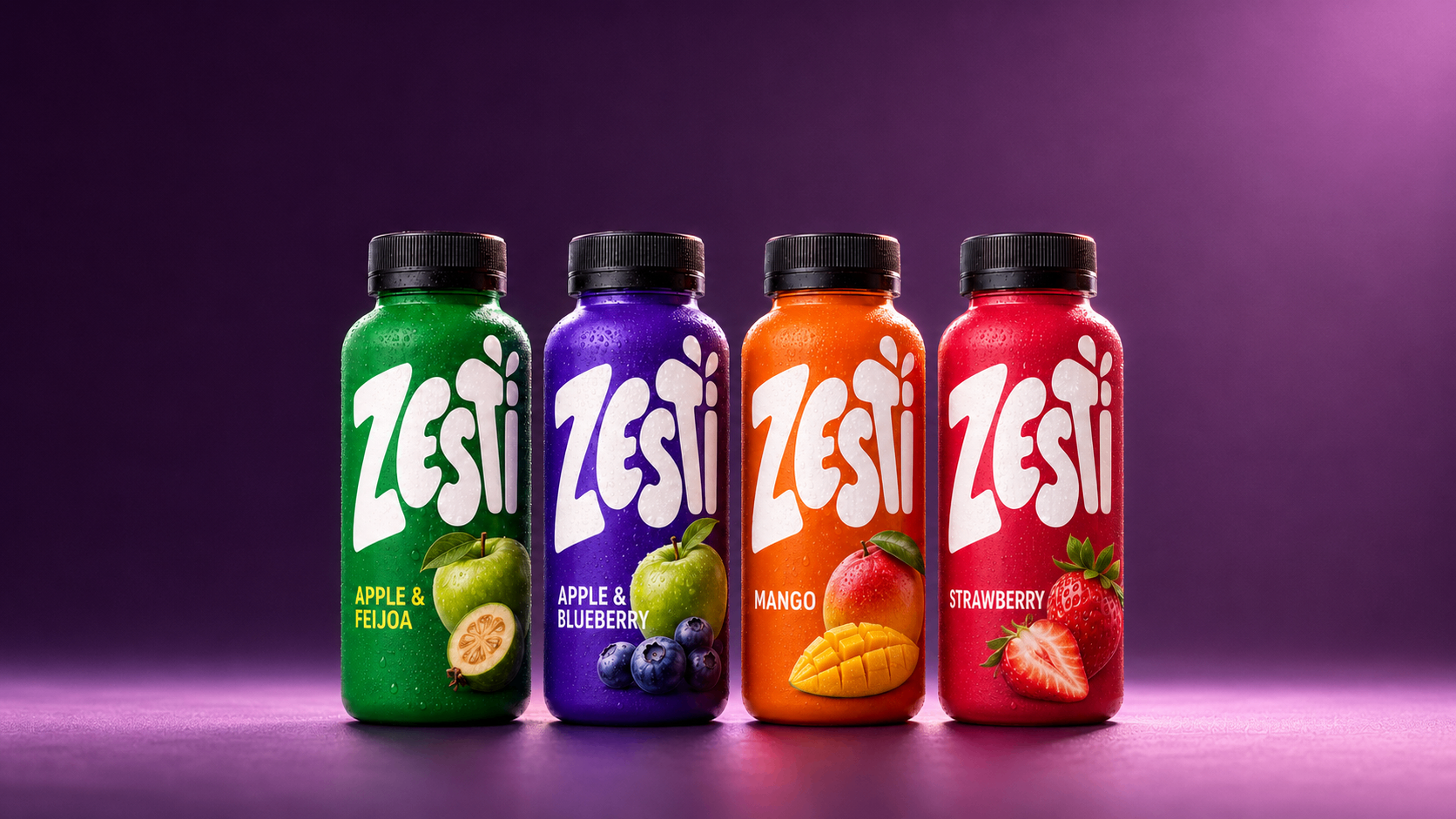 Core bottle family across Apple & Feijoa, Apple & Blueberry, Mango and Strawberry — unified structure, flavour-first colour.
