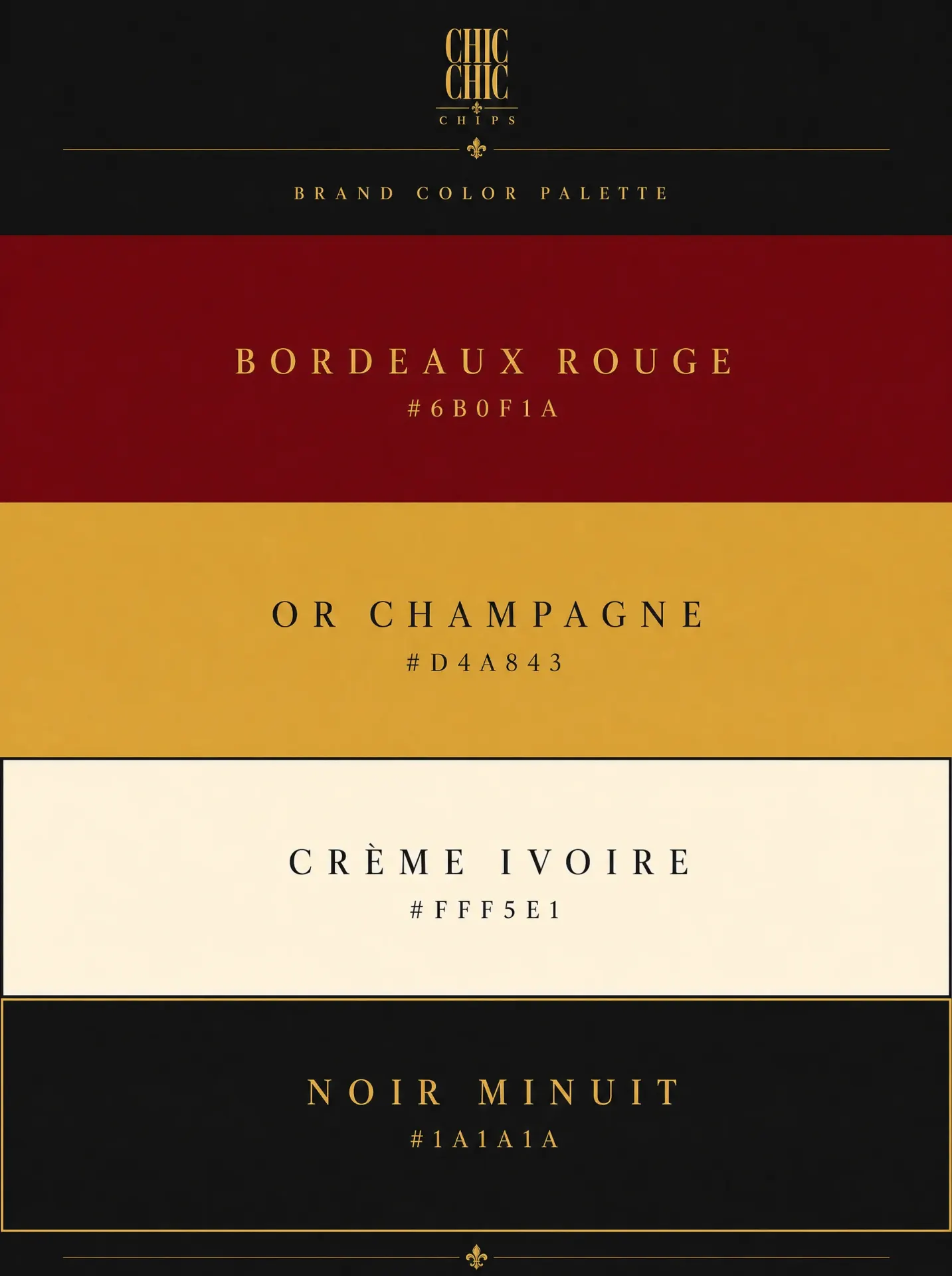 Bordeaux Rouge, Or Champagne, Crème Ivoire, Noir Minuit.