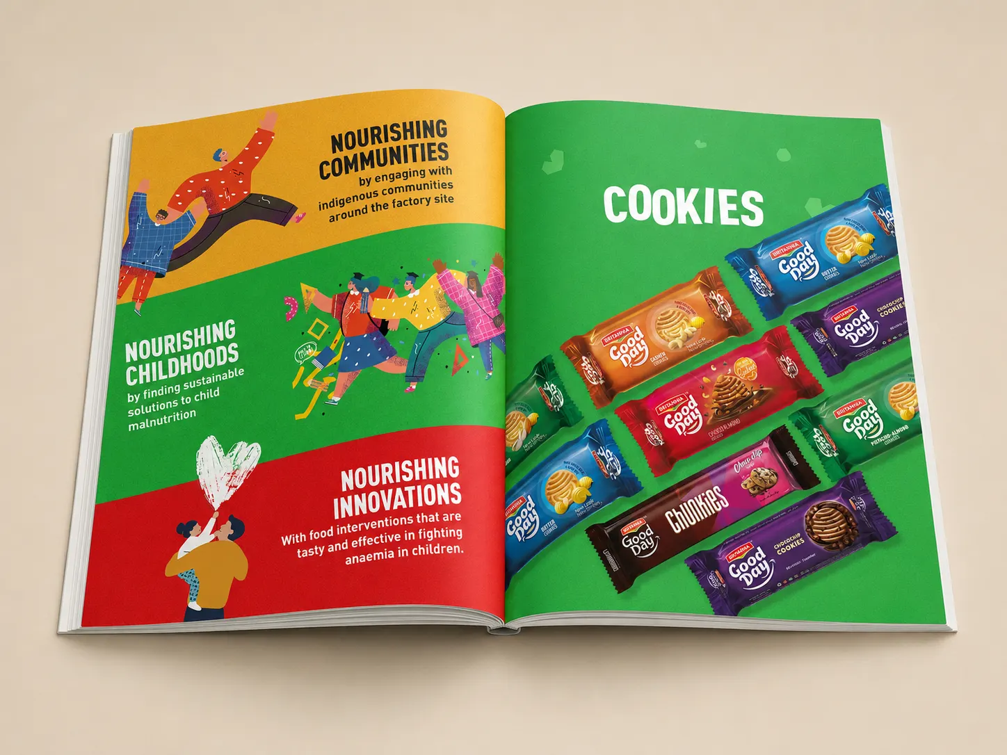 Editorial inside spread — Nourishing pillars on the left, Cookies portfolio shelf on the right.