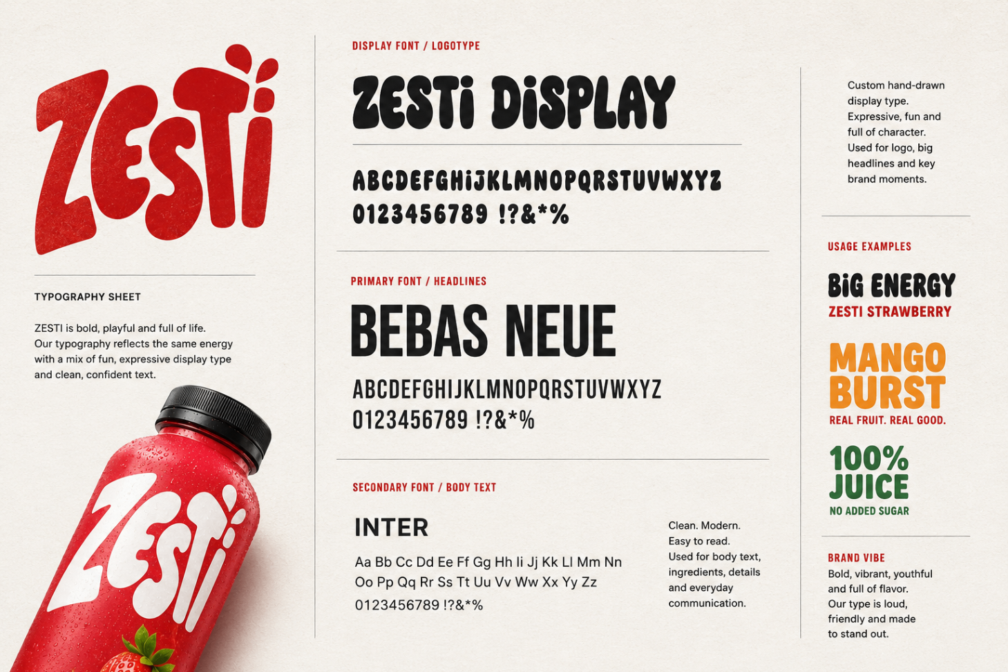 Final typography system — custom Zesti display lettering supported by bold headlines and clean body copy.